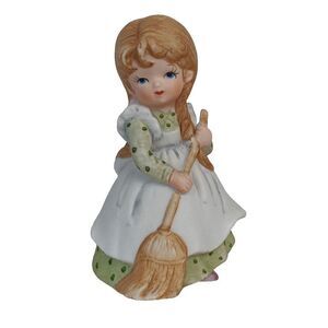 Lefton Vintage Little Girl Figurines Days of the Week Sweeping Holding Broom